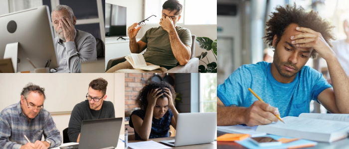 Des personnes en apprentissage, utilisant des livres ou des ordinateurs—certaines concentrées, d'autres montrant des signes de difficulté.