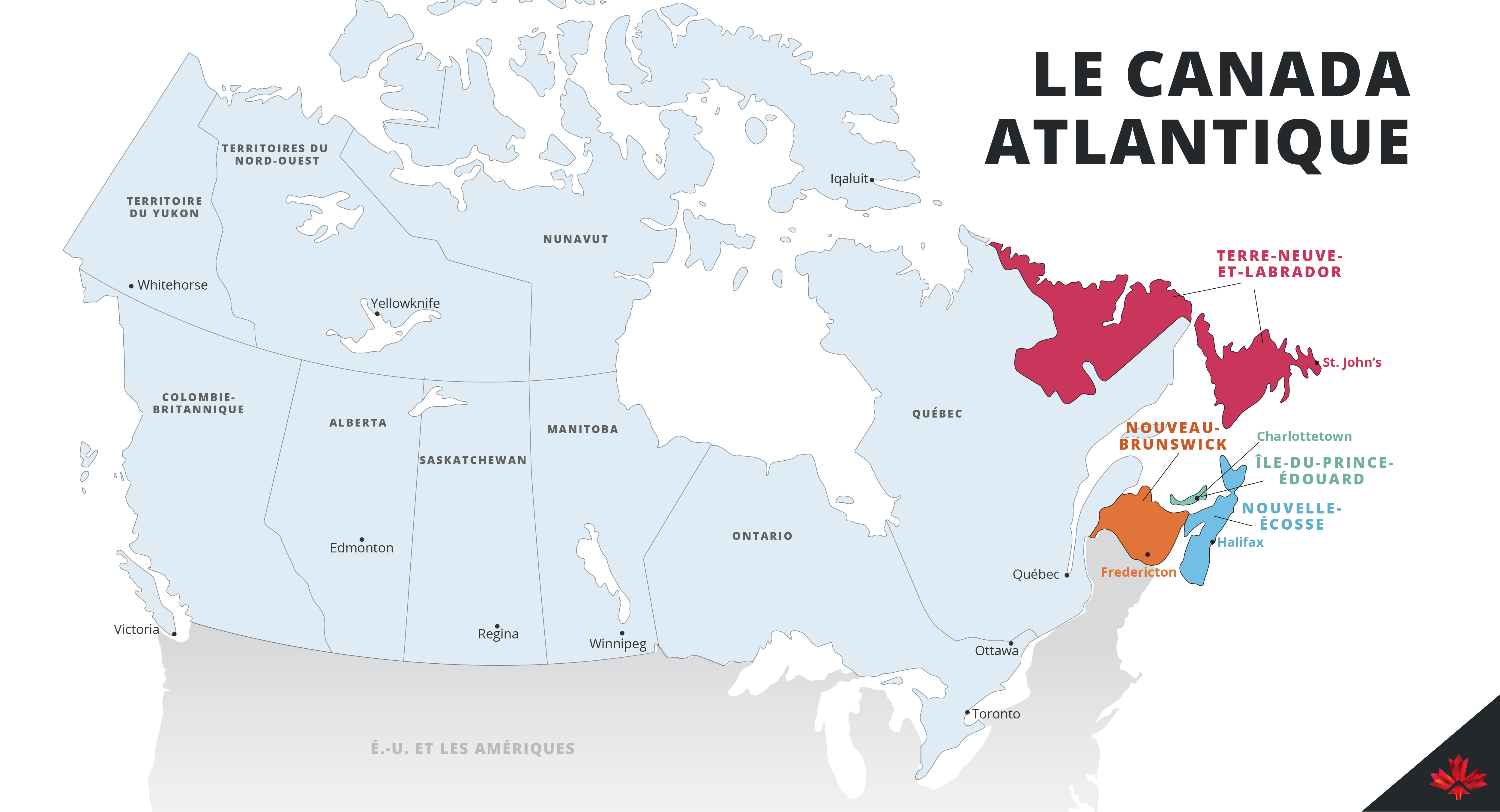 Une carte du Canada mettant en avant les provinces faisant partie du Canada Atlantique