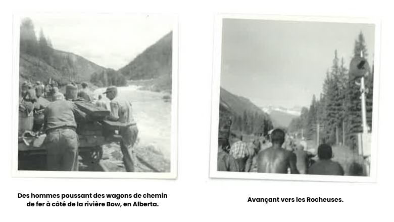 Une photo d'hommes poussant des wagons de chemin de fer à côté de la rivière Bow, en Alberta et une autre d'hommes avançant..