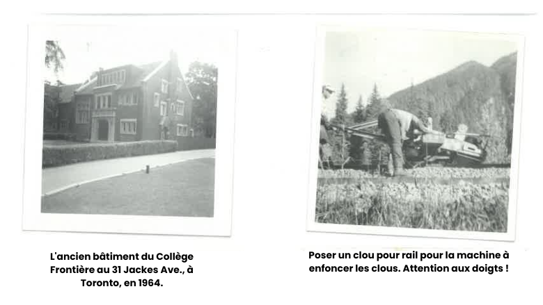 Une photo de l'ancien bâtiment du Collège Frontière et un homme entrain de poser un clou